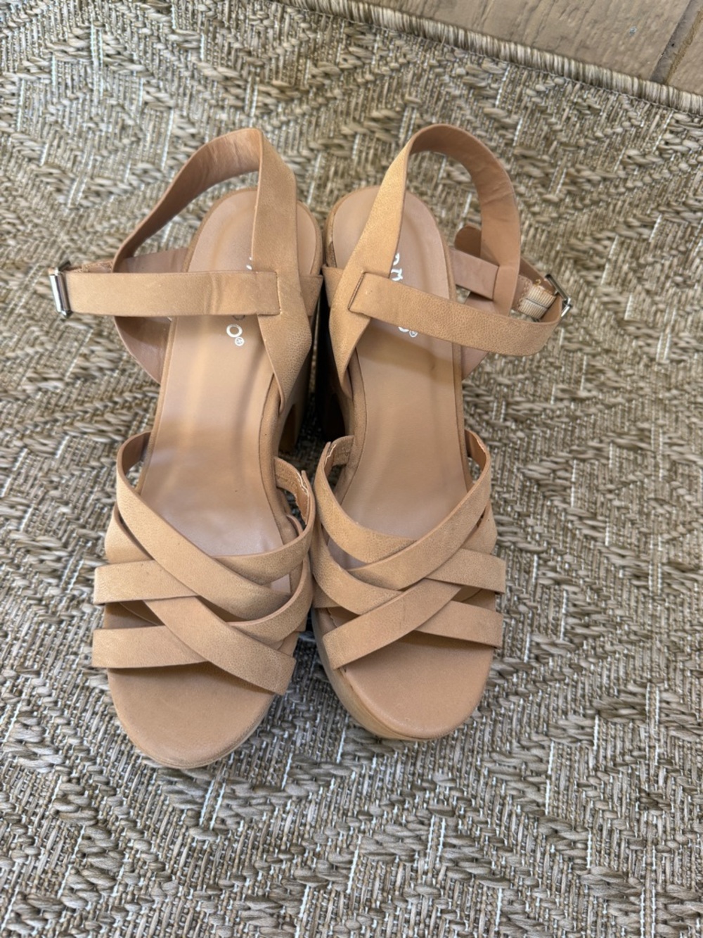 Bamboo Beige Buckle Block Sandals for Women Faux Suede Strappy (Size 6) Nude